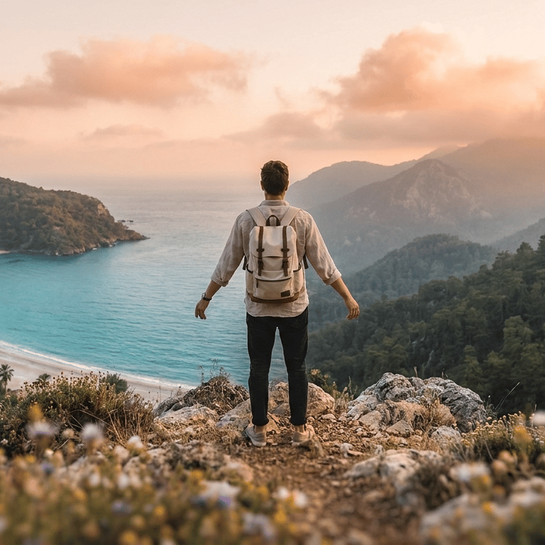 A male traveler with a backpack overlooks a scenic tropical bay and mountains at sunset.