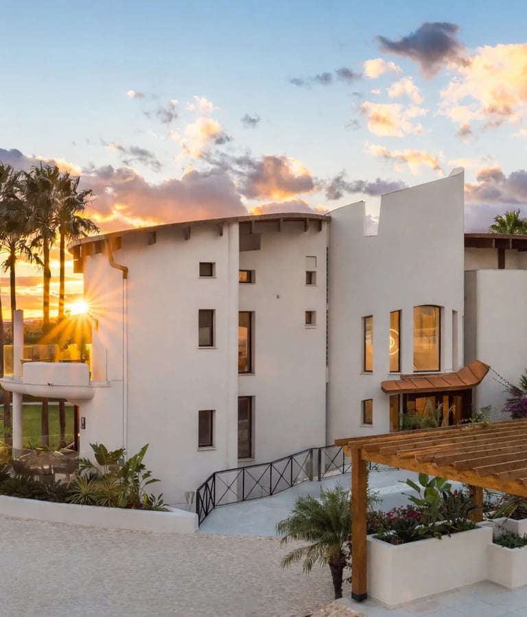 Luxury white villa architecture with palm trees and a sunset sky view.