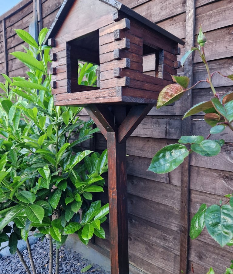 Bird Feeder Freestanding With Stand Handmade in UK Reclaimed Solid Wood Garden Aviary Birdhouse Wild Seed Table Roof Hut