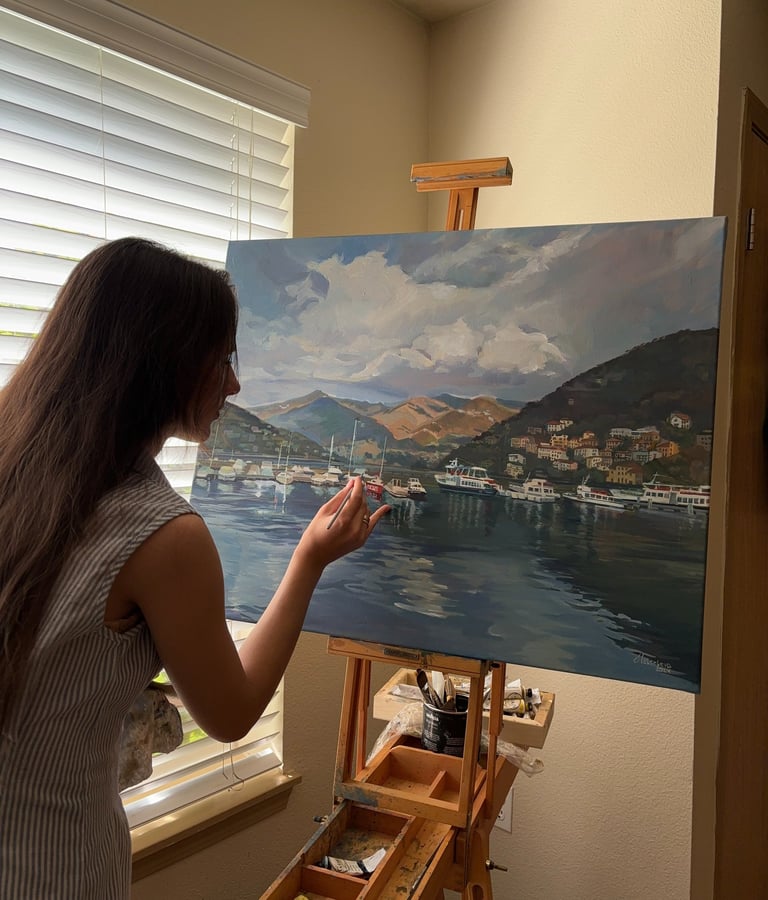 'Whispers of Como' 24x30 inches Serene Harbor oil painting by Angela Moiseieva