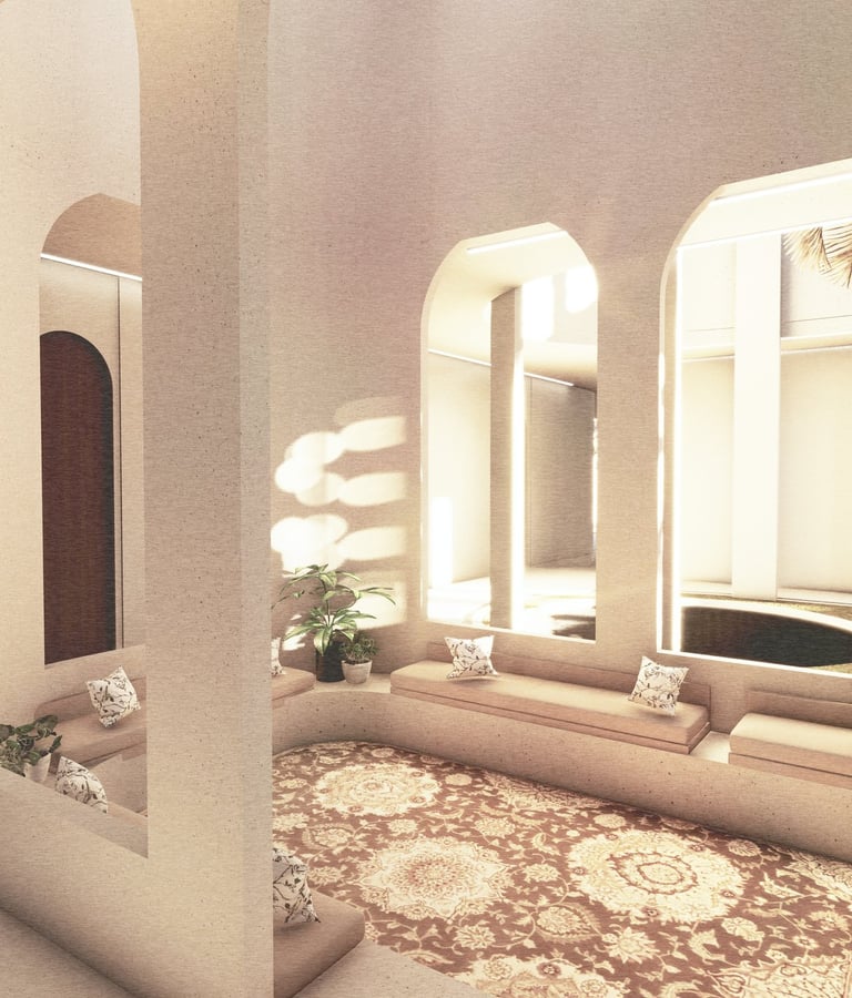 Traditional majlis with arched niches designed by Moori Interiors