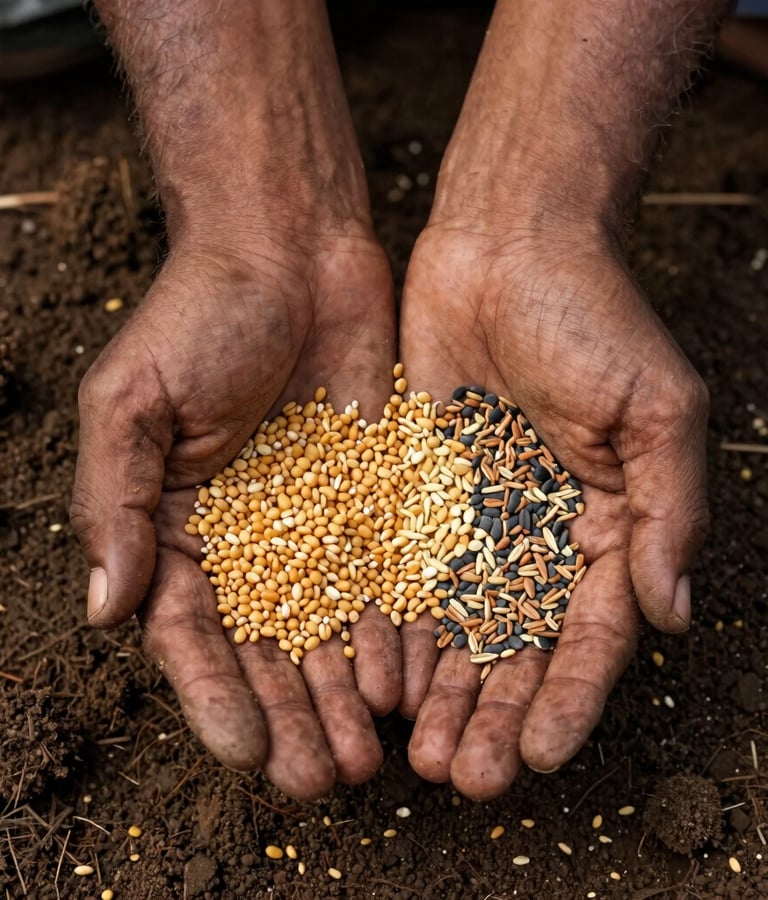 A top-down detailed shot of a South Asian / Indian farmer's cupped hands holding a rich variety of healthy, golden grain seeds and vegetable seeds. The background shows dark, moist, fertile soil, captured in natural bright daylight.