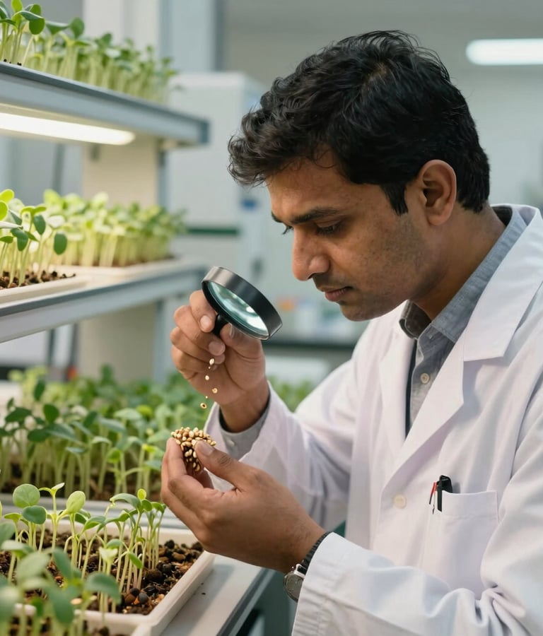 A professional South Asian / Indian agrarian scientist in a modern bright agricultural research laboratory, examining premium quality sprouted seeds with a magnifying glass. The background features pristine trays of young green shoots. Warm, natural side lighting, earthy green tones.