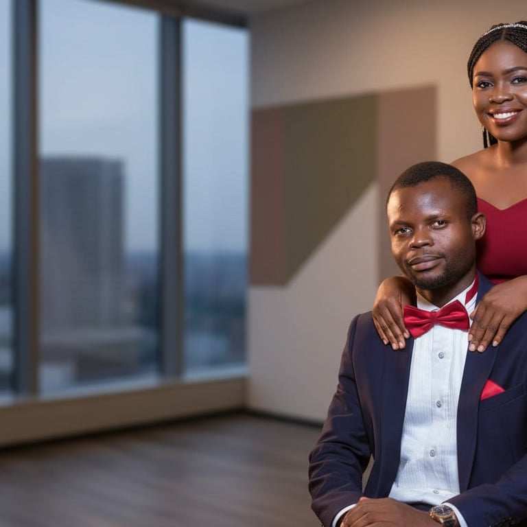 A smiling African couple in elegant formal attire posing for a portrait in a modern city office.