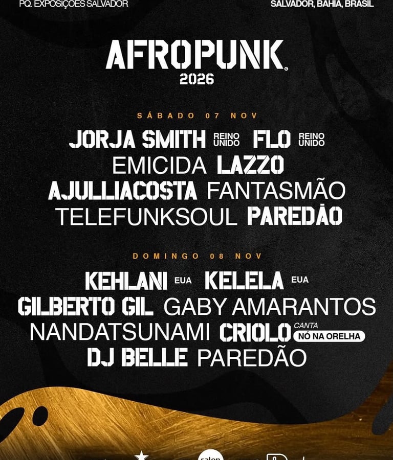 Cartaz oficial do Afropunk Brasil 2026 com atrações nacionais e internacionais em Salvador
