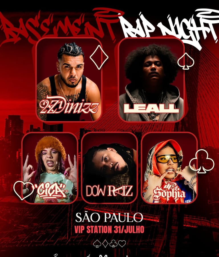 Cartaz da Basement Rap Night com Leall, 2zDinizz, Ciça, Dow Raiz e DJ Sophia em São Paulo