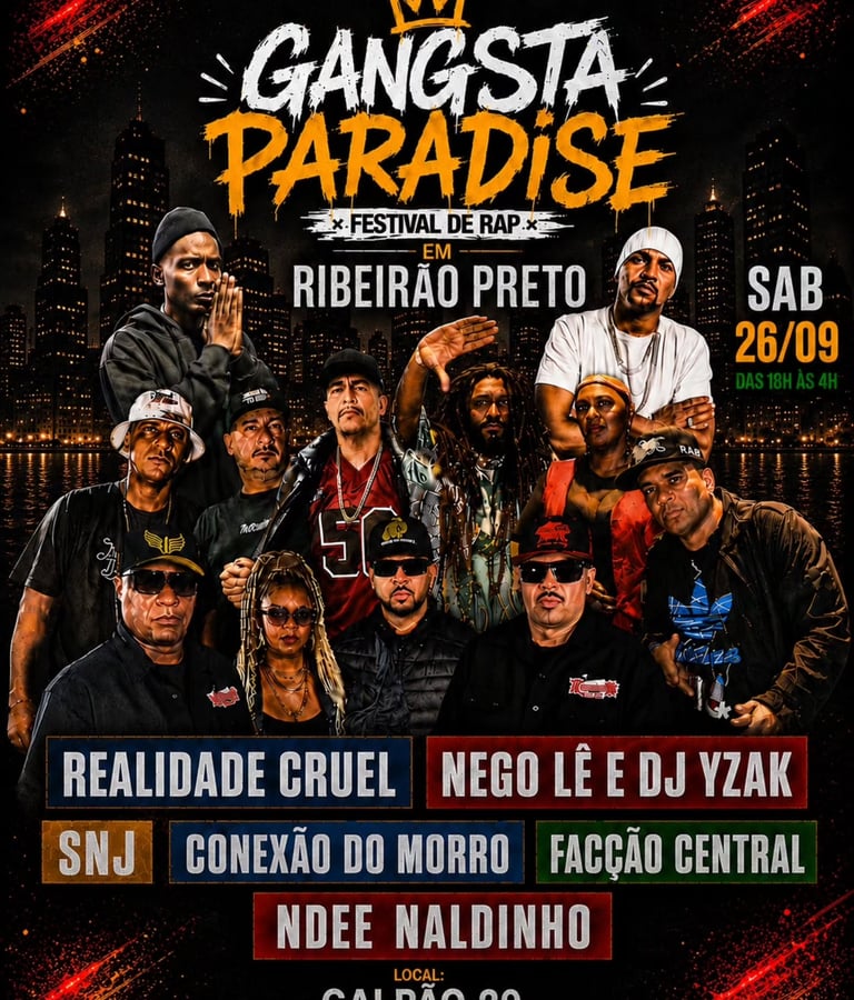 Cartaz oficial do festival Gangsta Paradise 2026 em Ribeirão Preto com grandes nomes do rap nacional