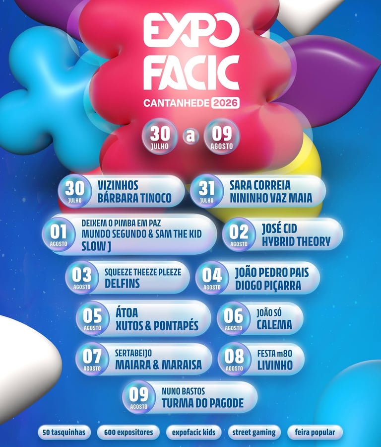 Cartaz da Expofacic 2026 destacando Mundo Segundo, Sam The Kid e Slow J no dia 1 de agosto