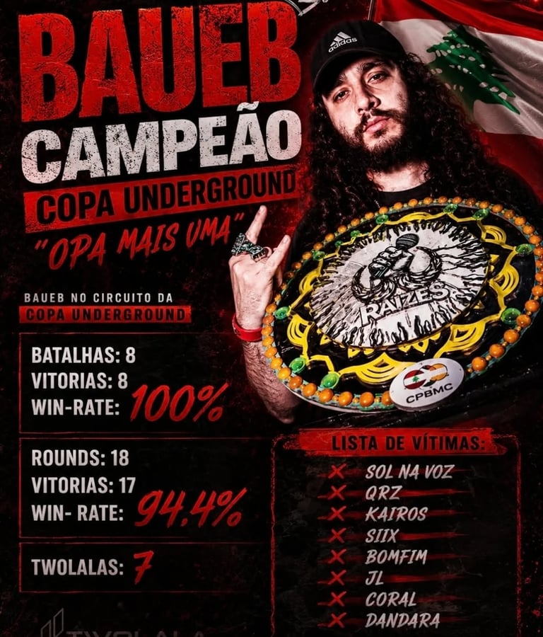 Baueb campeão da Copa Underground segurando cinturão de batalhas de rima