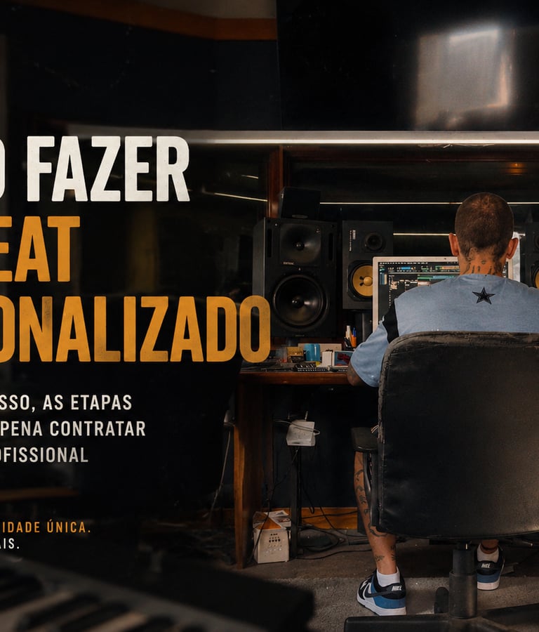 Produtor musical criando um beat personalizado para um artista em estúdio.