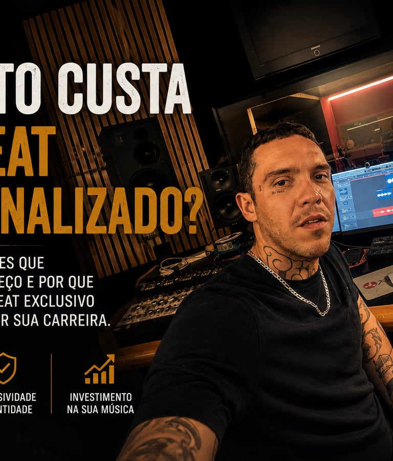 Produtor musical desenvolvendo um beat personalizado em estúdio para um artista.