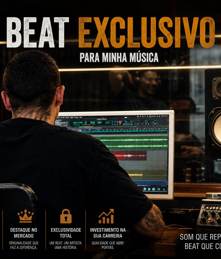 Produtor musical desenvolvendo um beat exclusivo para um artista em estúdio.