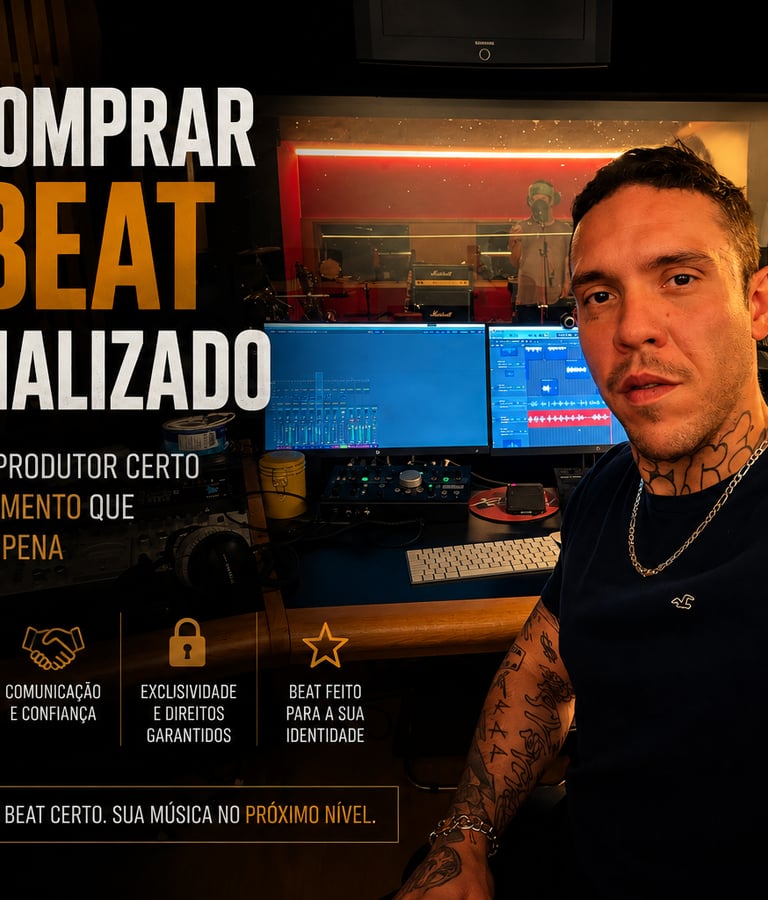 Artista conversando com um produtor musical durante a criação de um beat personalizado.