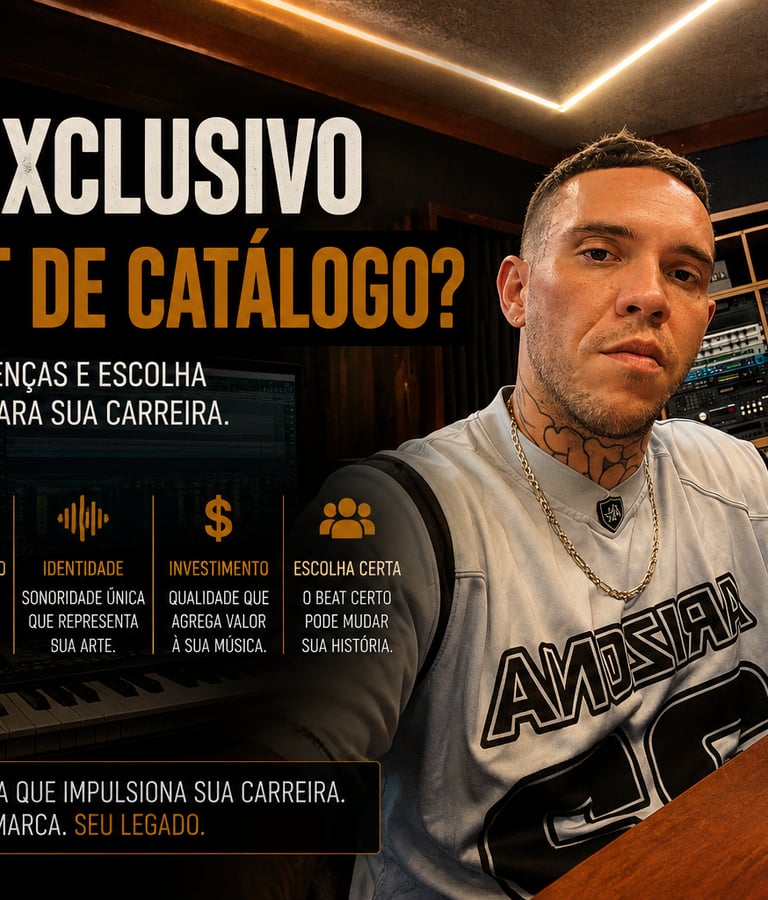 Artista comparando um beat exclusivo e um beat de catálogo antes de iniciar um projeto musical.
