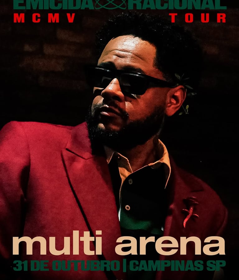 Cartaz oficial da Emicida Racional MCMV Tour na Multi Arena em Campinas