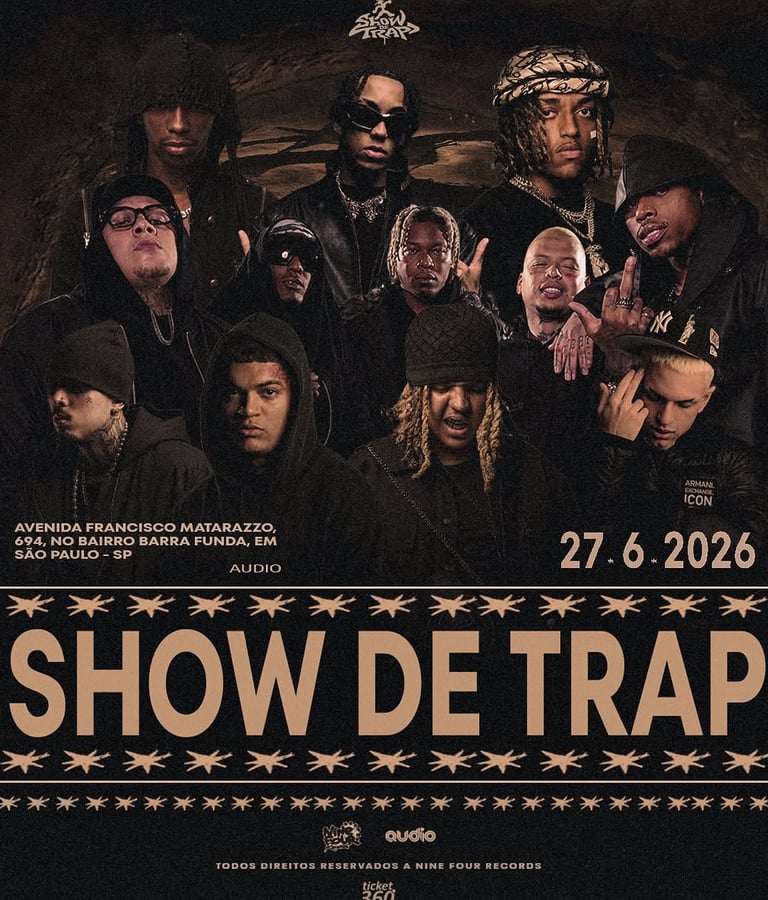 Cartaz oficial do Show de Trap na Audio com Derek, Ryu The Runner, Leviano, Dessiik e membros da Recayd Mob