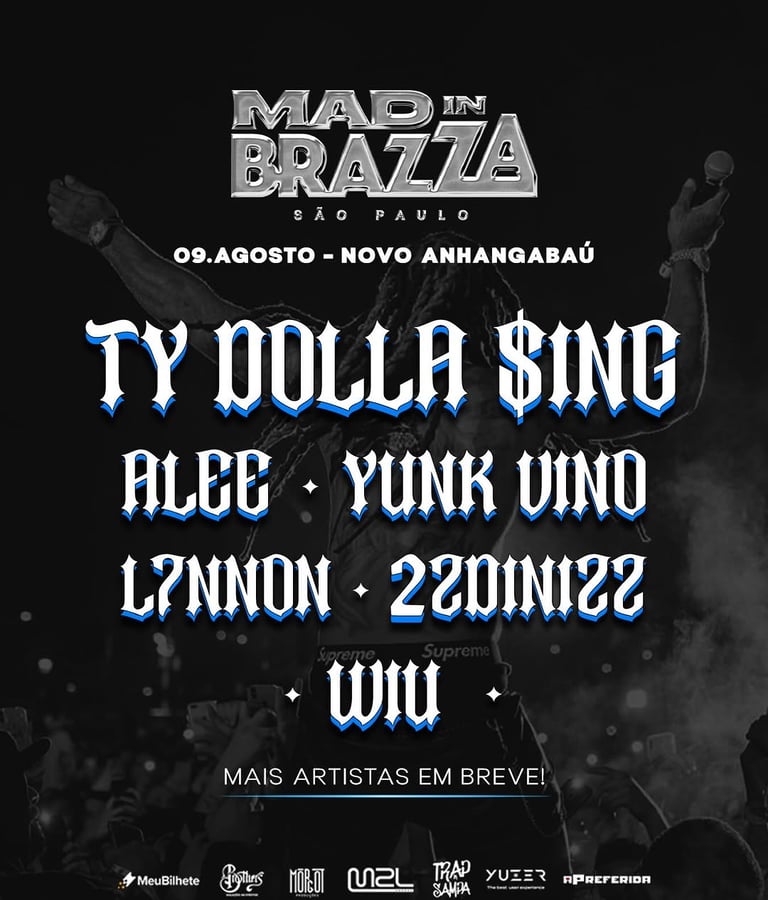 Cartaz oficial do Mad In Brazza Festival 2026 com Ty Dolla Sign, Veigh, WIU, Yunk Vino e Alee em São Paulo