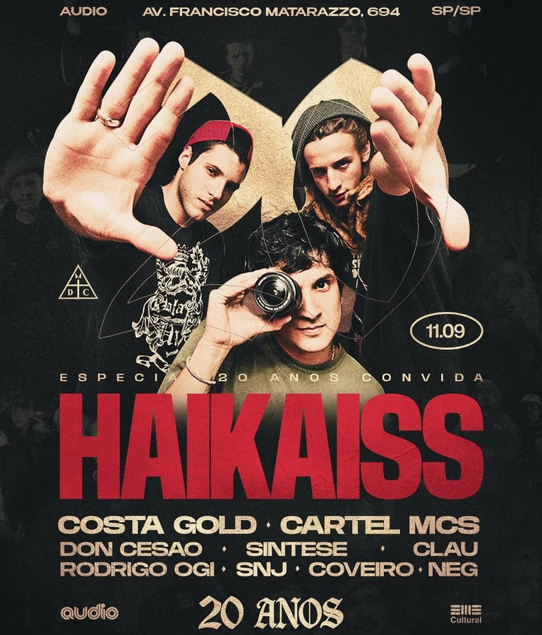 Cartaz oficial do show de 20 anos do Haikaiss na Audio em São Paulo com convidados especiais