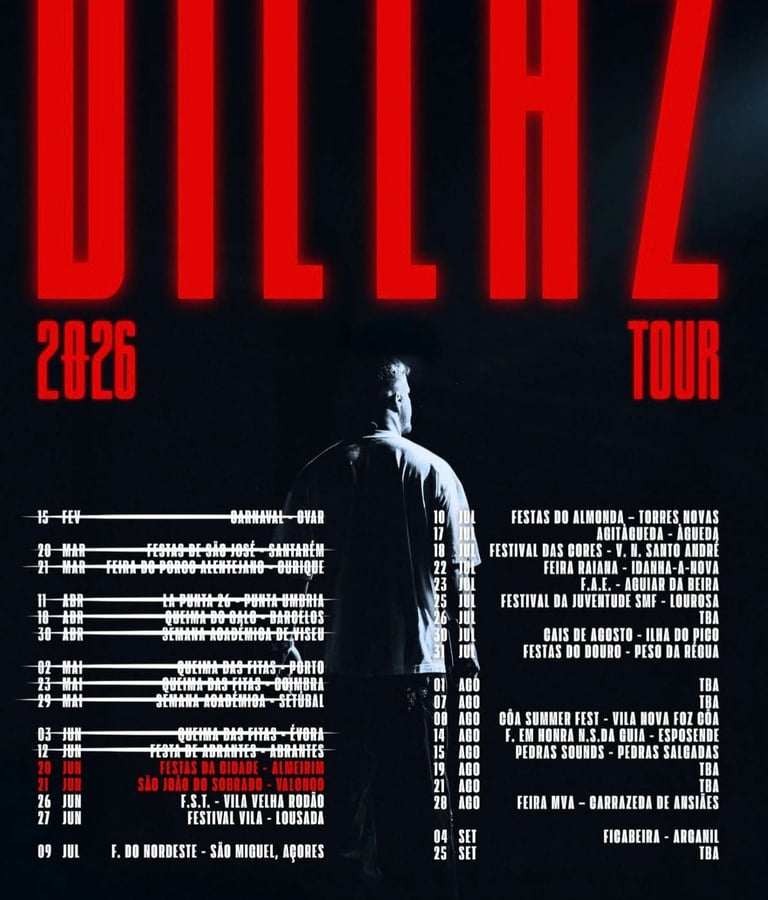 Cartaz oficial da Dillaz Tour 2026 com datas de concertos e festivais em Portugal
