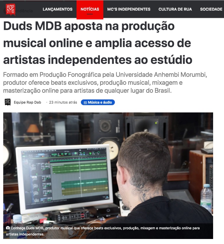 Rap Dab publica reportagem destacando a trajetória de Duds MDB na produção musical online entre Brasil e Portugal