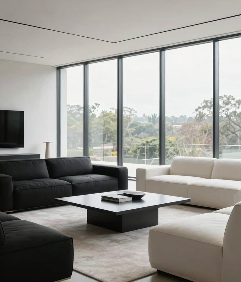 A wide shot of a modern, minimalist living room with floor-to-ceiling windows. The decor features elegant black and off-white furniture with clean lines. Bright, soft natural light, professional photography, North American / International context.