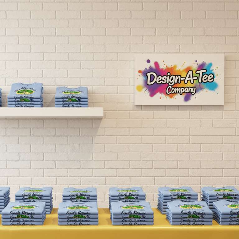 Design-A-Tee Company family reunion custom t-shirts with tree design on a Carolina Blue t-shirt