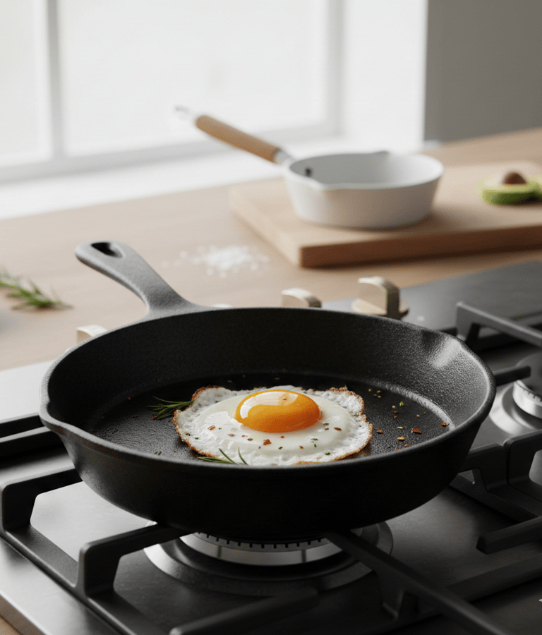 Seasoned cast iron skillet on a gas stovetop — non-toxic cookware alternative to Teflon