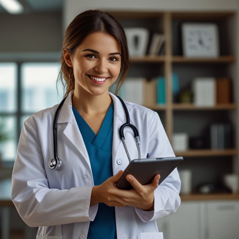 A smiling female doctor in a white lab coat using a digital tablet in a modern medical clinic.
