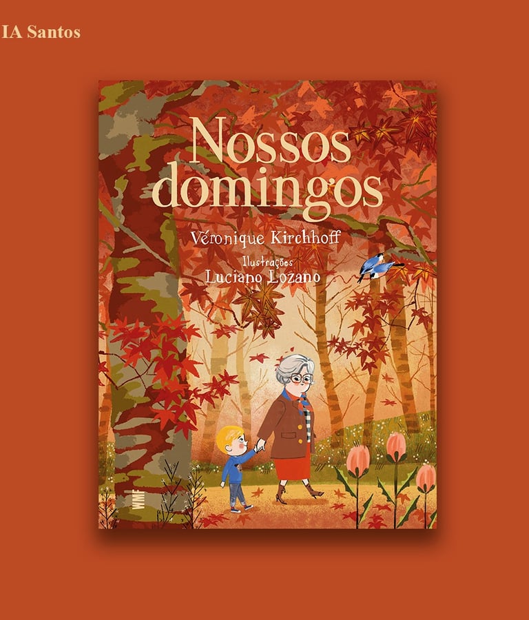 Nossos Domingos children's book cover featuring a grandmother and child walking through an autumn forest.