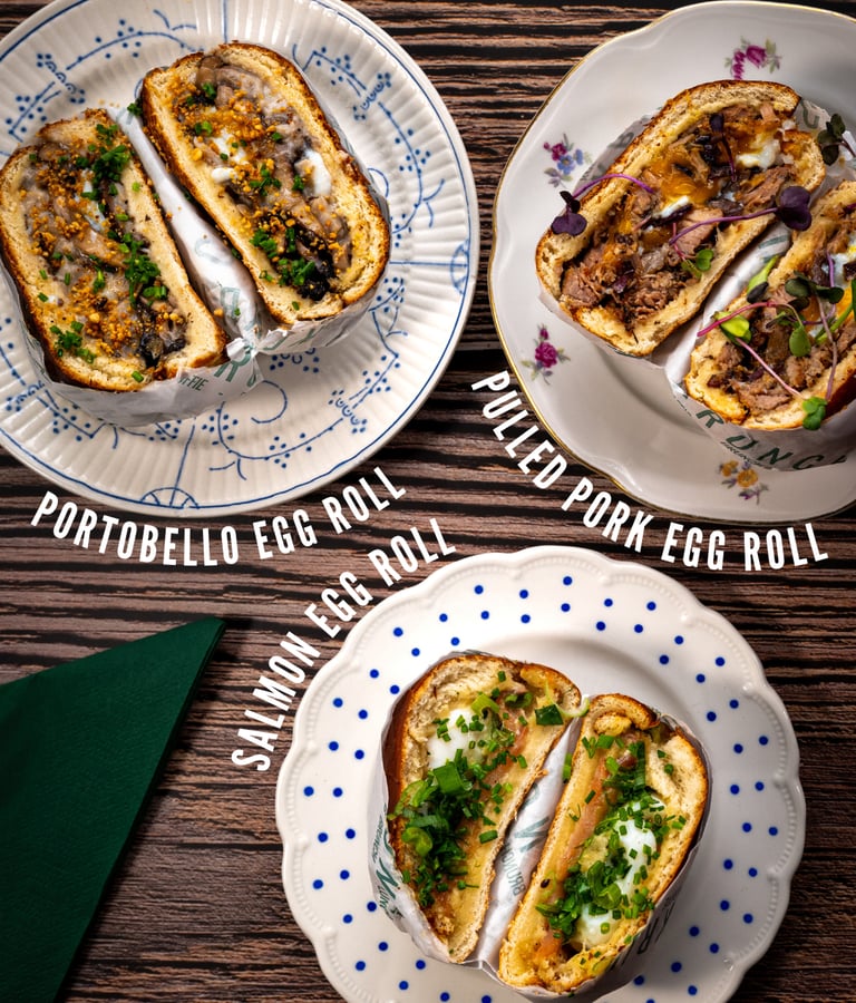 Egg rolls bij Krunch Gent: Portobello, Pulled Pork en Salmon Egg Roll