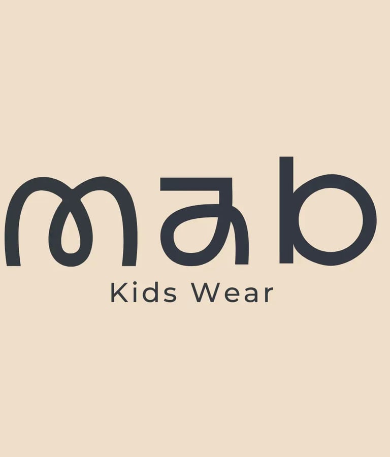 Mab Kids Wear logo in dark blue typography on a neutral cream background for children's fashion.