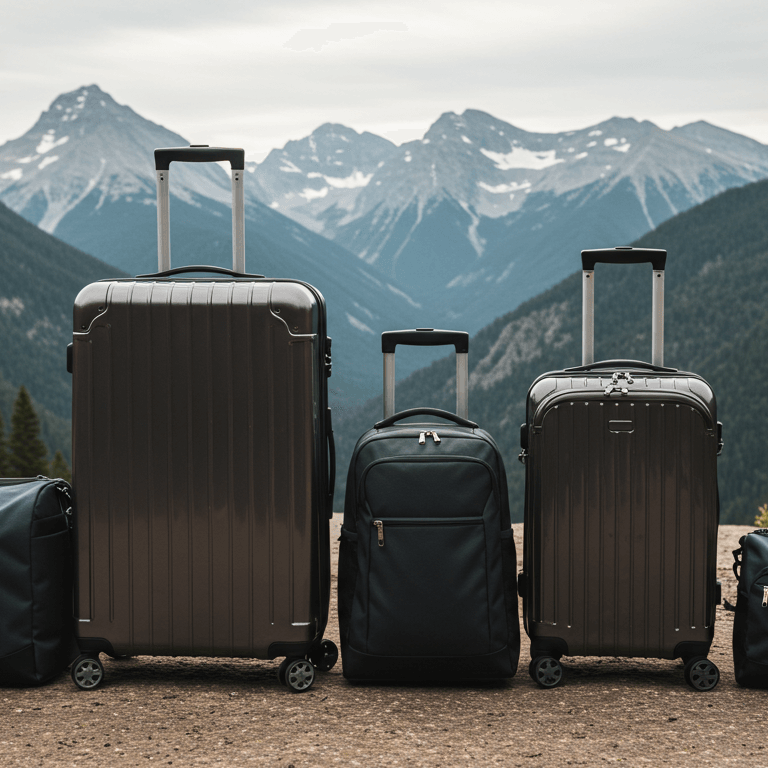 Travel backpack, suitcase, weekender bag, duffel bag with mountain background