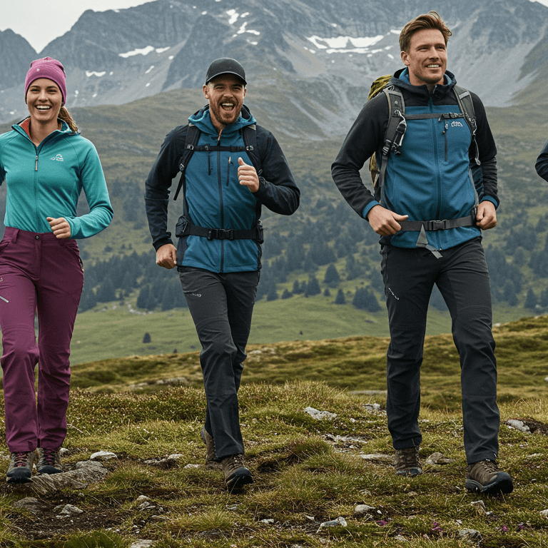 a group of people wearing waterproof hiking pants walking up a hill