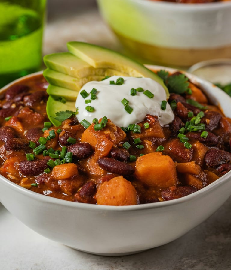 Bowl with vegan chili sin carne with beans, vegetables, vegan topping yogurt and avocado