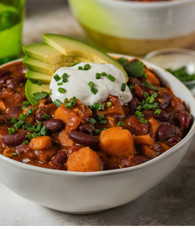 Bowl with vegan chili sin carne with beans, vegetables, vegan topping yogurt and avocado