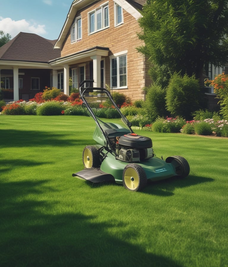 A showroom displaying various garden machinery, including several red riding lawn mowers and a variety of power tools. The central focus is a red ride-on mower with an attached cart. The background features a large window with views of buildings outside.