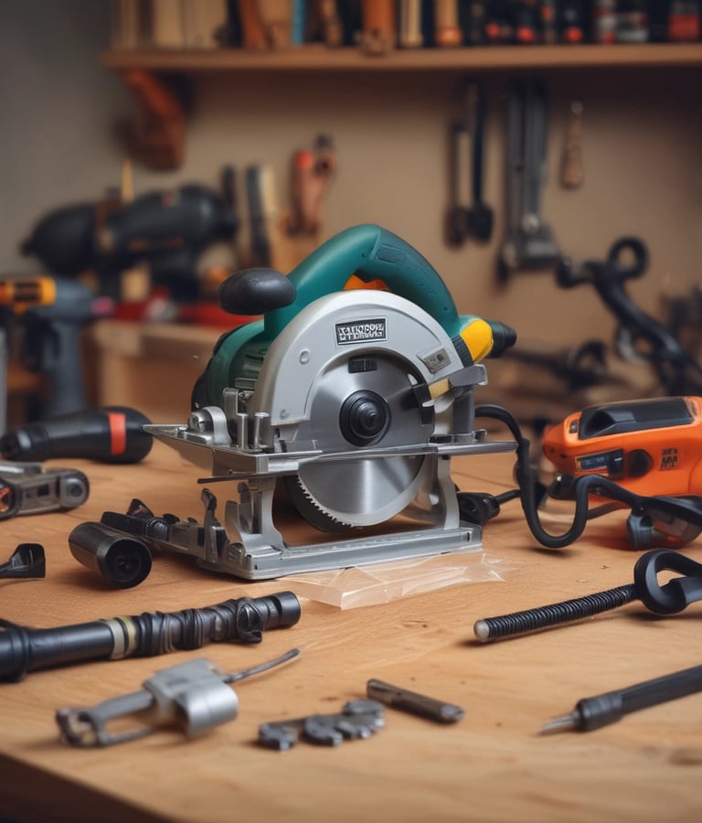A showroom displaying various garden machinery, including several red riding lawn mowers and a variety of power tools. The central focus is a red ride-on mower with an attached cart. The background features a large window with views of buildings outside.
