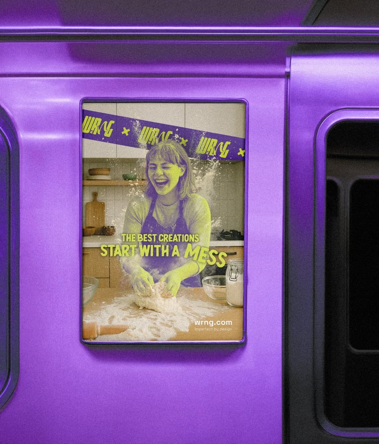 A poster mockup for the WRNG brand, inside of a train