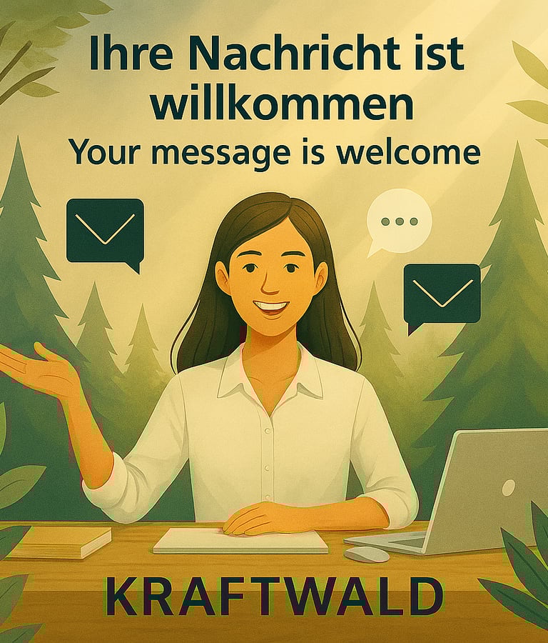 Frau am Tisch im Wald mit Laptop und Icons. Text: „Ihre Nachricht ist willkommen / Your message is welcome KraftWald