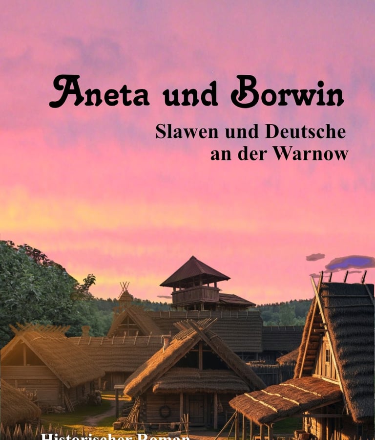 Bild eines Slawendorfes mit rötlichem Himmel 