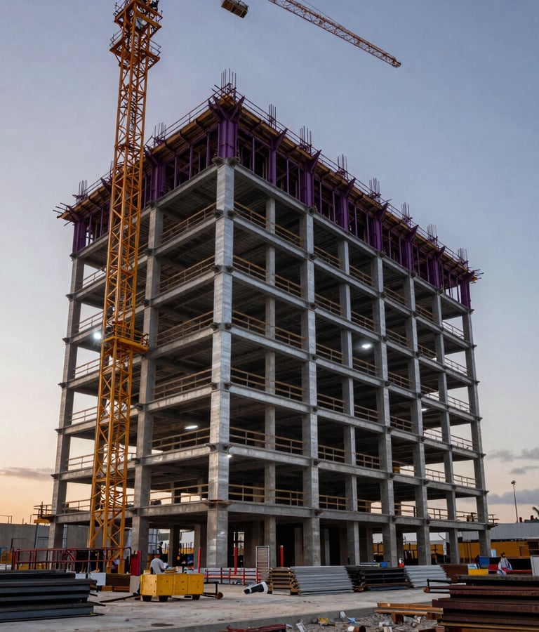 An active modern civil construction site in Mexico / Latin America during dusk. Heavy steel framework of a high-rise structure rising into the sky. Industrial spot lighting highlighting purple and silver steel beams, charcoal concrete pillars, clean site arrangement, high contrast commercial photography.