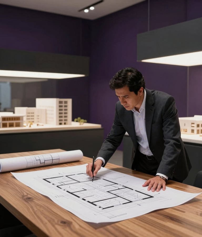 A modern architectural studio in Mexico / Latin America with a civil engineer examining detailed blueprinted floorplans on a large wooden table. In the background, sleek architectural scale models illuminated by soft, bright lighting. Professional corporate photography, clean composition, dark charcoal and muted purple interior accents.