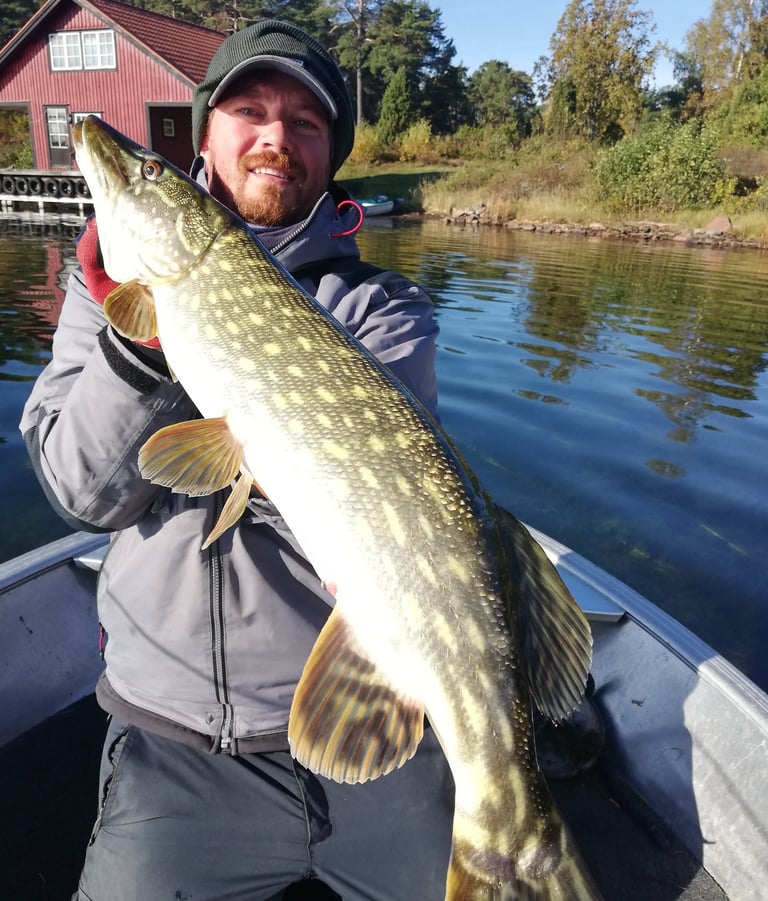 Ein Fischer hält einen großen Hecht. er ist auf einem Boot, da ist ein schwedisches Haus.