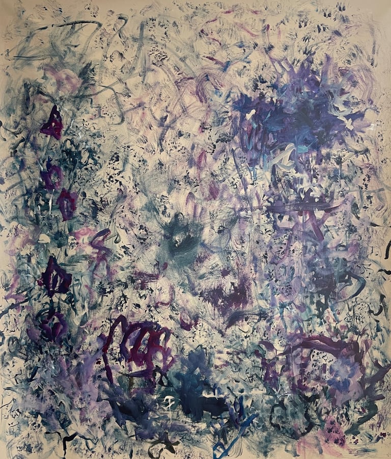 acrylic abstract artwork with purples, blues and teal