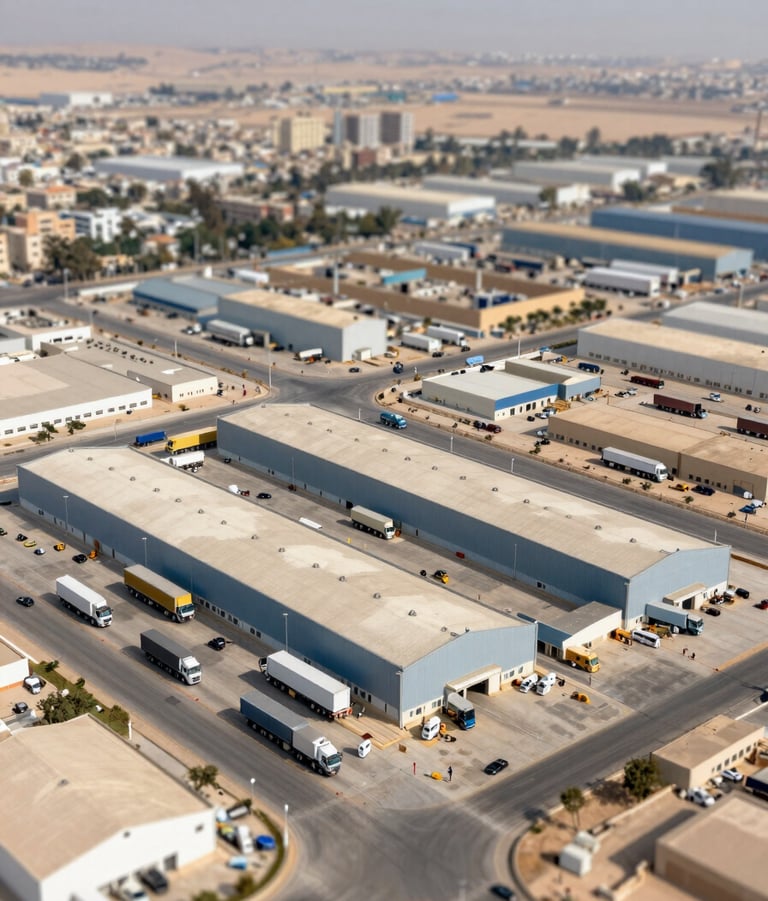 An aerial view of an Egyptian industrial zone, featuring modern factory buildings and logistics trucks. Crisp, professional photography with a focus on scale and efficiency.