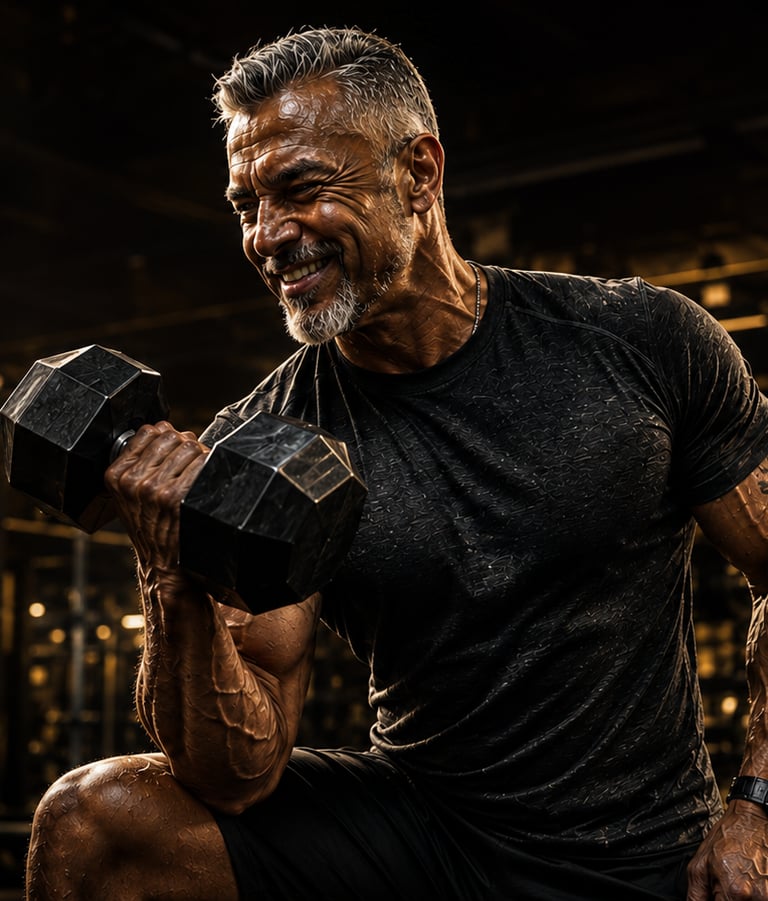 Man over 50 lifting a heavy dumbbell, representing strength and vitality after 50
