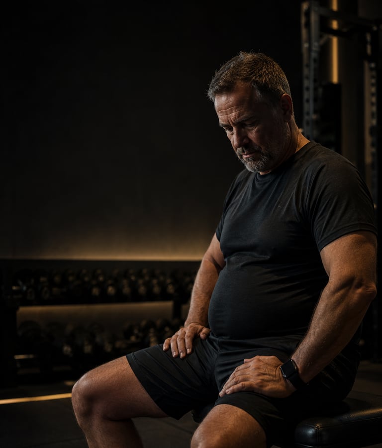 Man over 50 in gym reflecting on lost strength, energy, and confidence