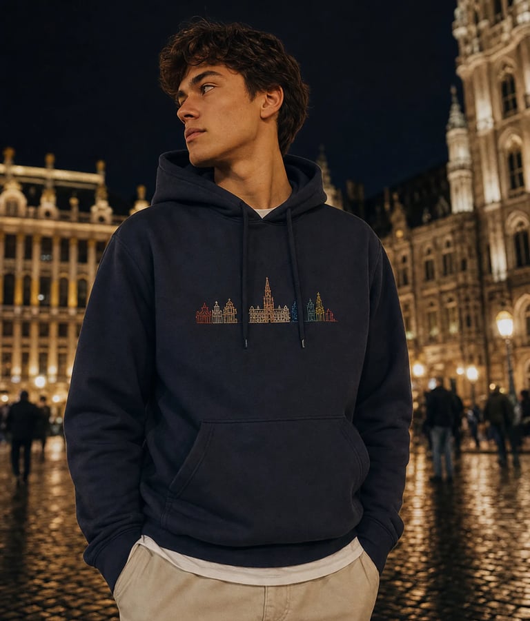 Estudiante Erasmus en Bruselas con sudadera My Erasmus Hoodie frente a la Grand Place