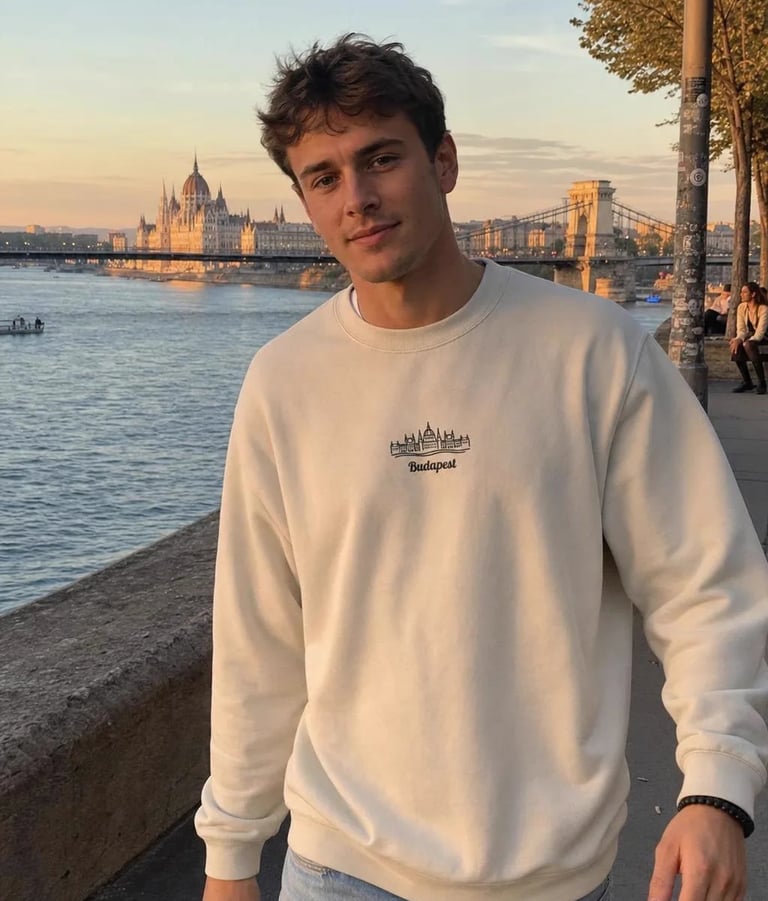 Estudiante Erasmus con sudadera Budapest frente al Parlamento