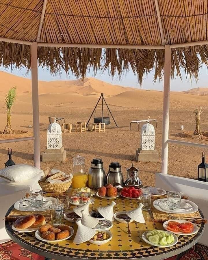 morocco sahara a table with a table cloth covered in food
